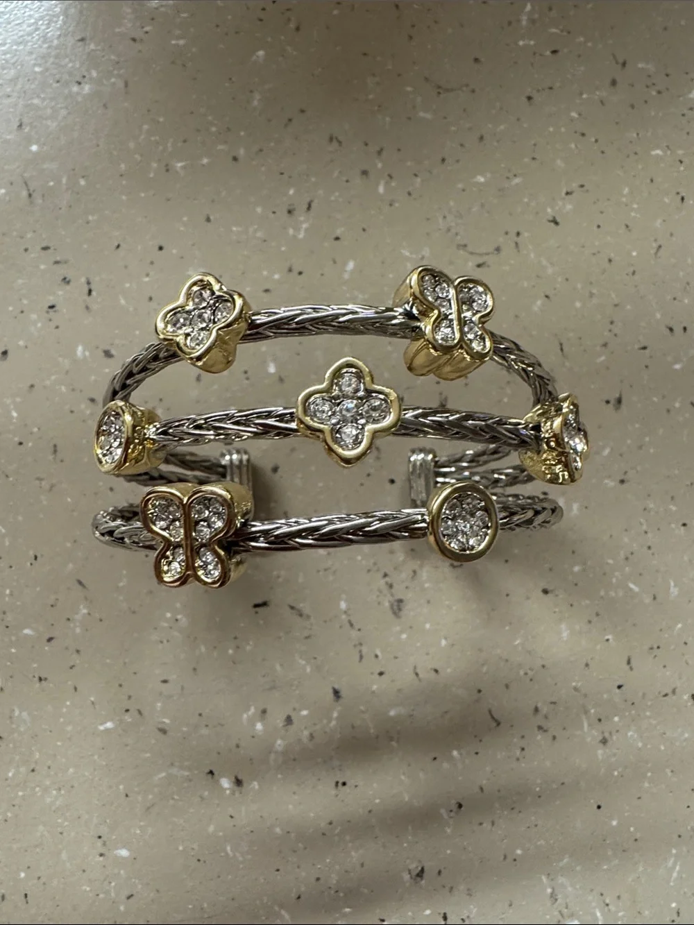Two-Tone Crystal Butterfly & Floral Cuff Bracelet